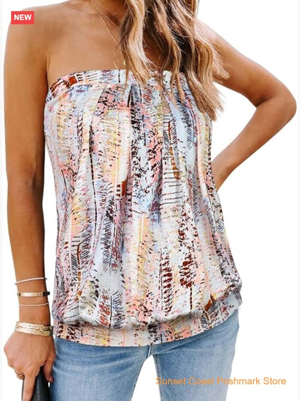 Women's Strapless Tube Top Sleeveless Pleated Tunic Flowy Bandeau Tank Blouse